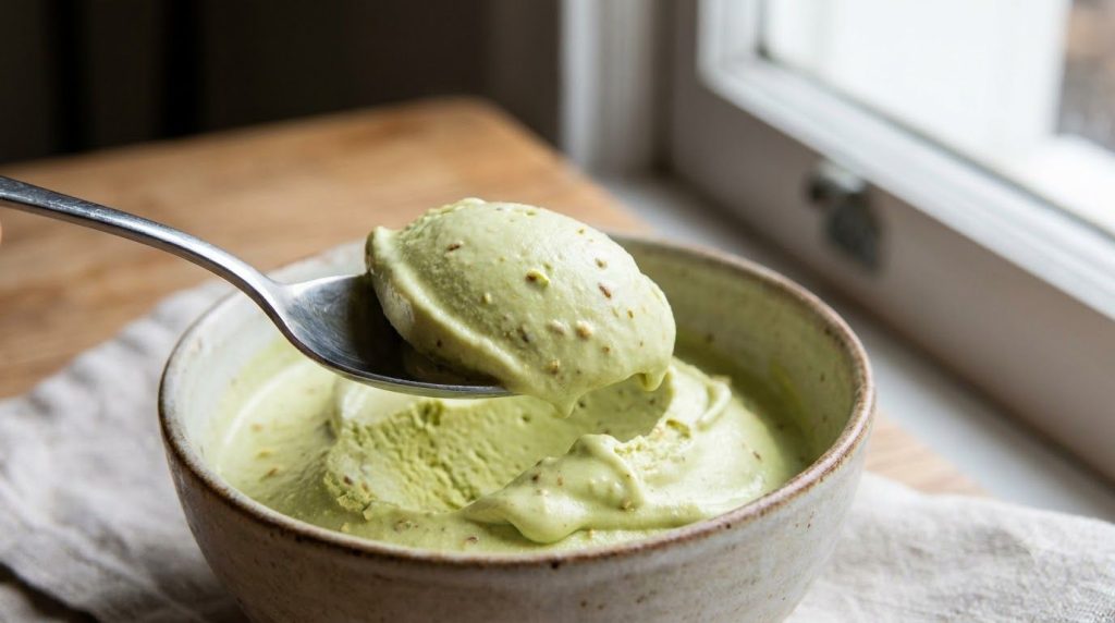 A close-up of a bowl of creamy pistachio ice cream with a spoon highlighting its texture and green color