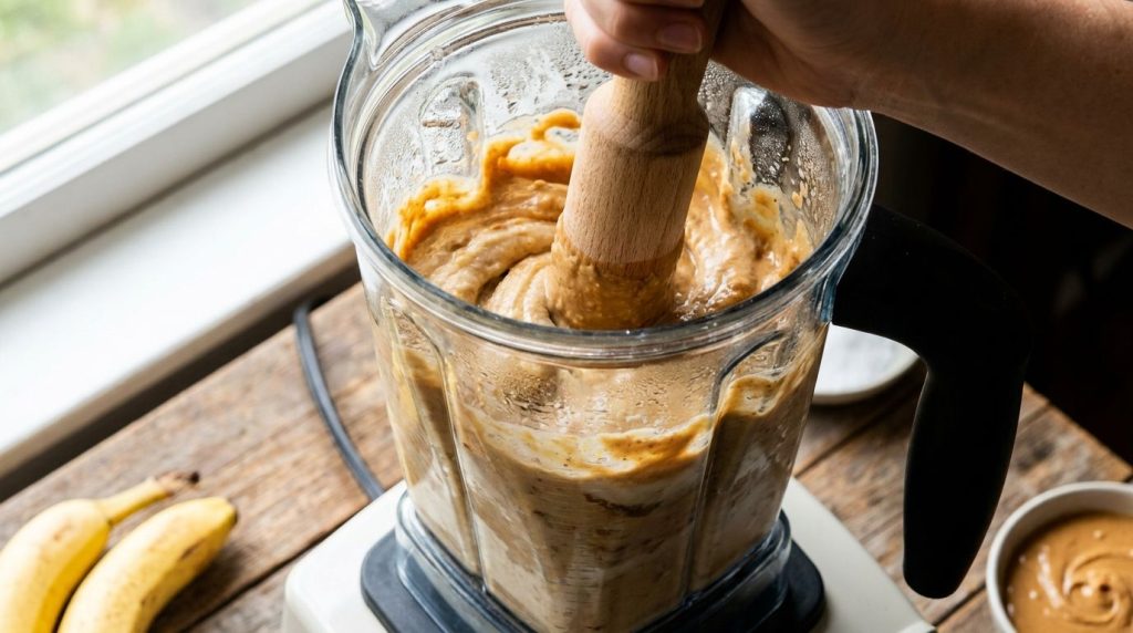 A close-up shot of a blender blending frozen bananas and peanut butter into a smooth creamy nice cream with the tamper p