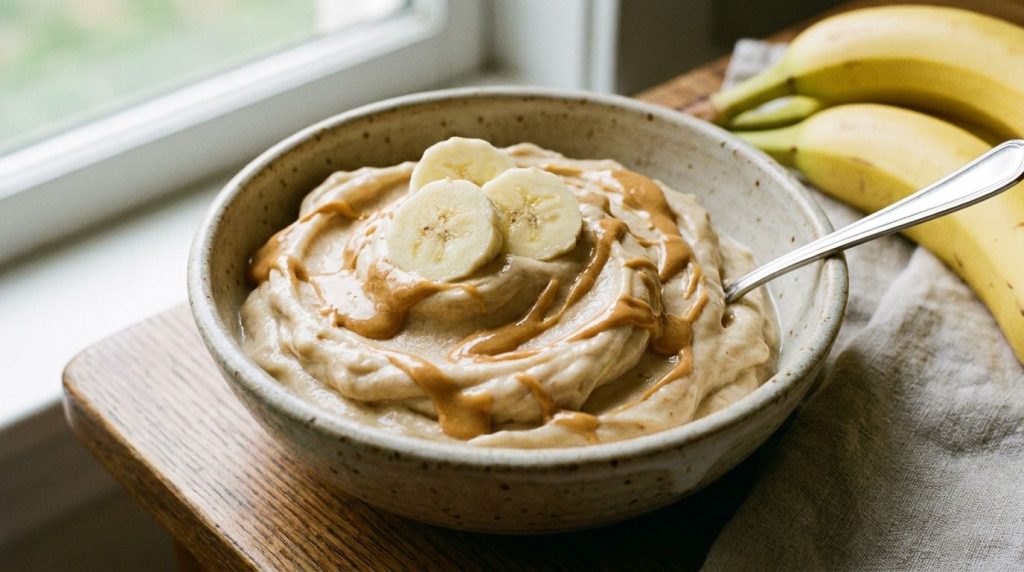 A close-up of a serving bowl filled with creamy peanut butter banana nice cream topped with a few fresh banana slices an