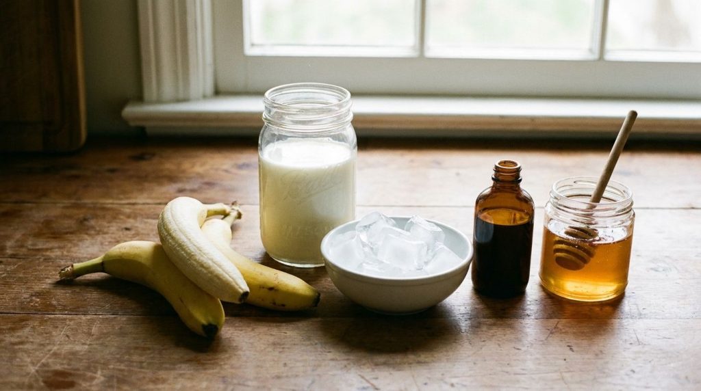 All ingredients for a banana smoothie laid out on a clean counter peeled bananas a glass of milk ice cubes and small bot