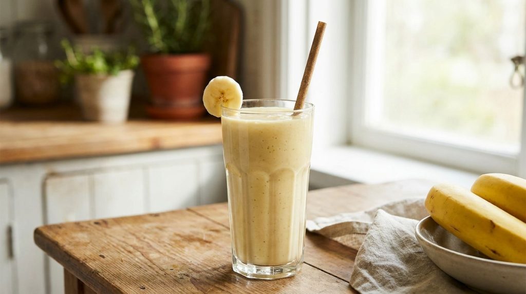 A tall glass filled with a creamy banana smoothie garnished with a banana slice and a straw on a clean background