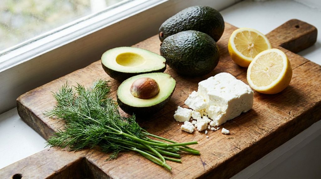 Fresh ripe avocados a block of feta cheese lemons and a bunch of fresh dill arranged on a cutting board