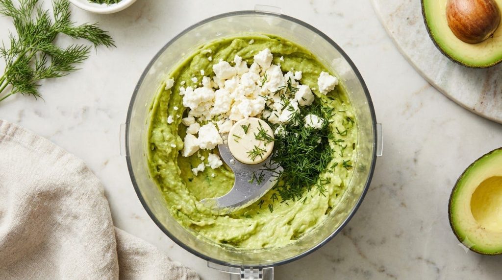 A food processor bowl with mashed avocado crumbled feta and fresh herbs ready to be blended into a dip