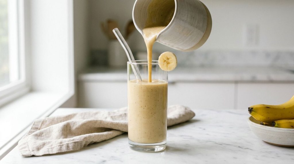 A perfectly blended banana smoothie poured into a tall glass with a straw garnished with a banana slice on the rim