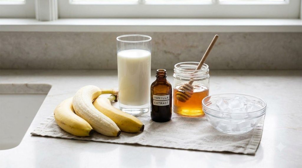 All ingredients for a banana smoothie laid out peeled bananas a glass of milk a small bottle of vanilla a jar of honey a