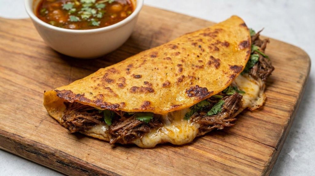 A close-up of a crispy birria taco freshly griddled with melted cheese and tender beef visible