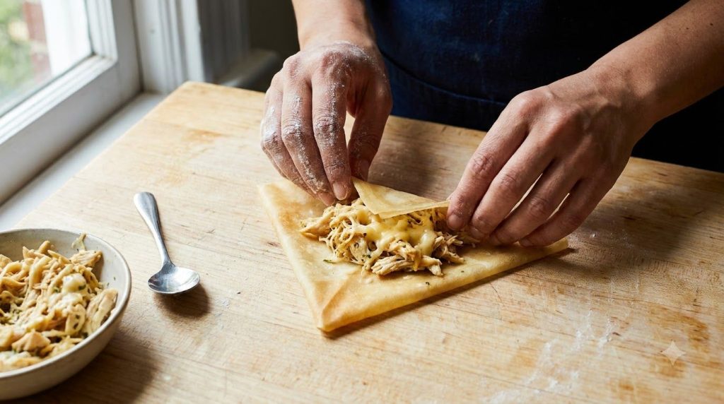 Step-by-step image showing a hand folding a samosa wrapper with the chicken and cheese filling demonstrating the triangu