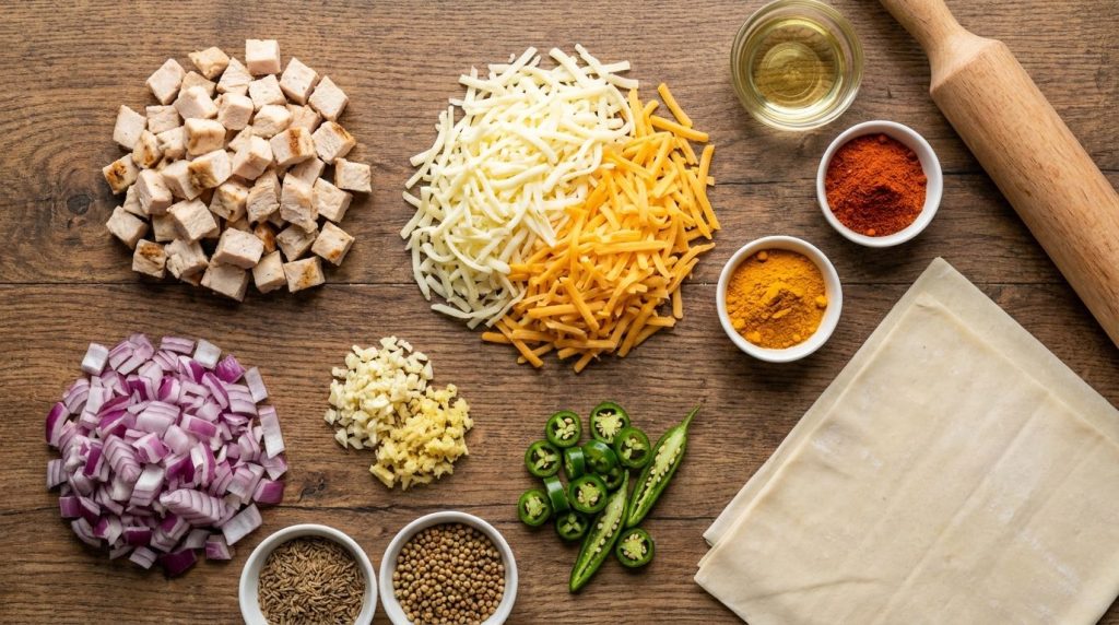 A spread of fresh ingredients for cheesy chicken samosas on a wooden counter including diced cooked chicken shredded che