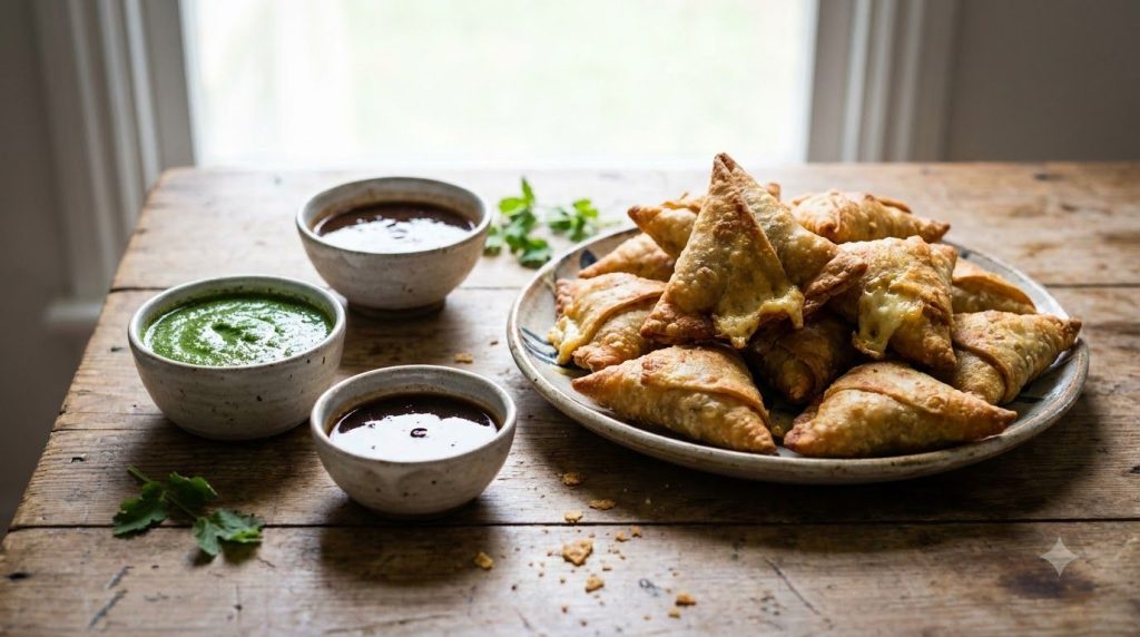 A serving of crispy cheesy chicken samosas arranged on a platter with small bowls of dipping sauces like mint chutney an