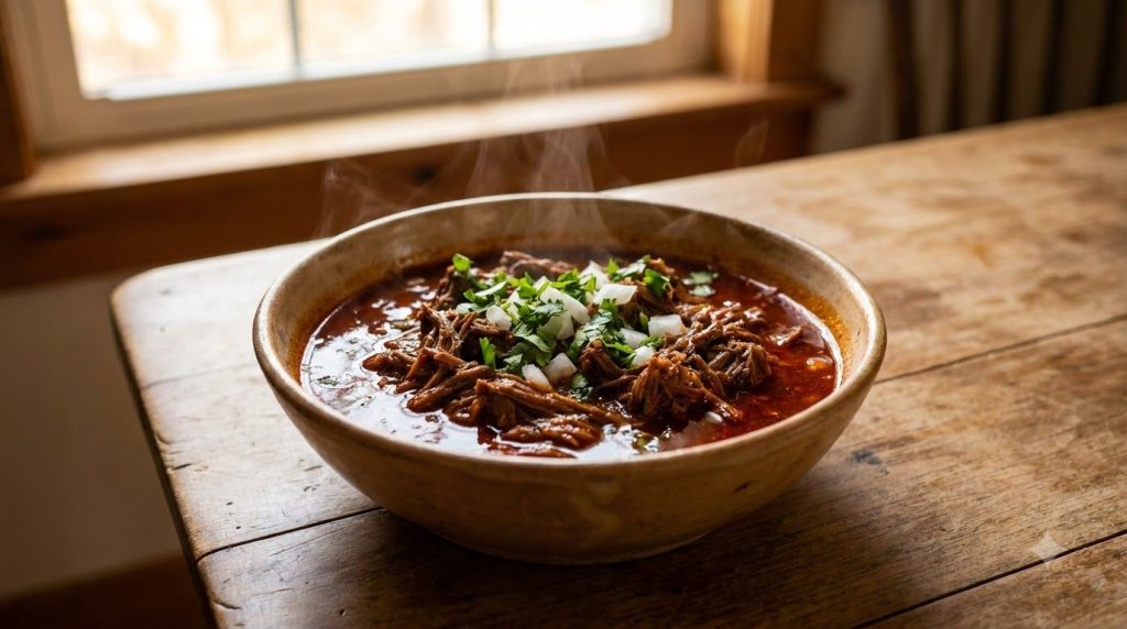 A bowl of shredded birria beef glistening with sauce and ready to be used in tacos