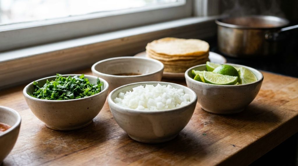 A variety of colorful taco toppings like chopped cilantro diced onions and lime wedges in small bowls