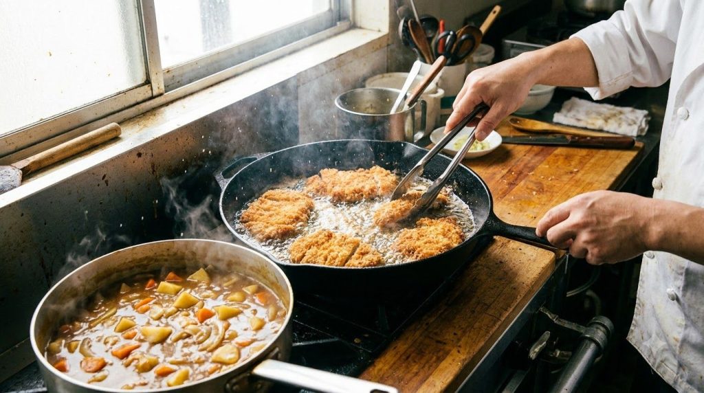 A large skillet with golden-brown chicken katsu frying in hot oil next to a pot of bubbling Japanese curry sauce with di