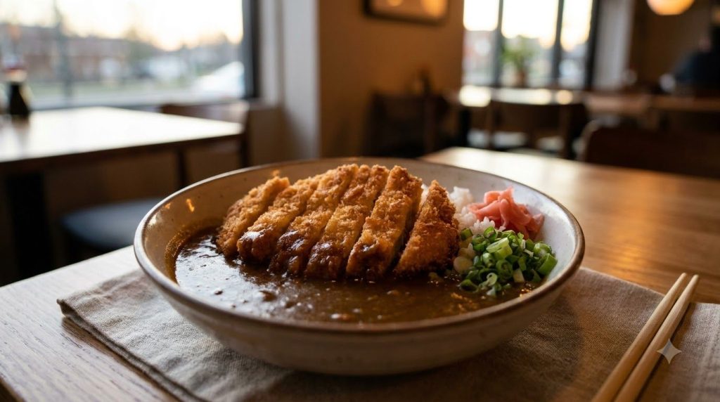 A perfectly plated bowl of Japanese Chicken Katsu Curry with sliced chicken katsu fluffy white rice and rich curry sauce