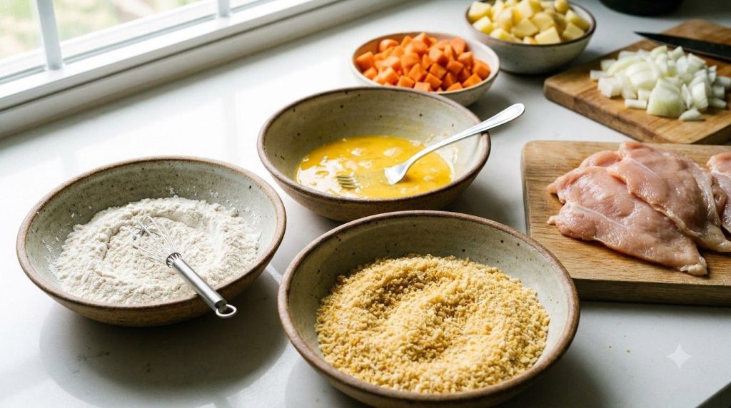 A trio of bowls with ingredients for chicken katsu including flour beaten eggs and panko breadcrumbs ready for dredging 