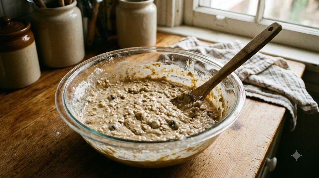 A thick pancake batter with visible oats in a mixing bowl ready for cooking