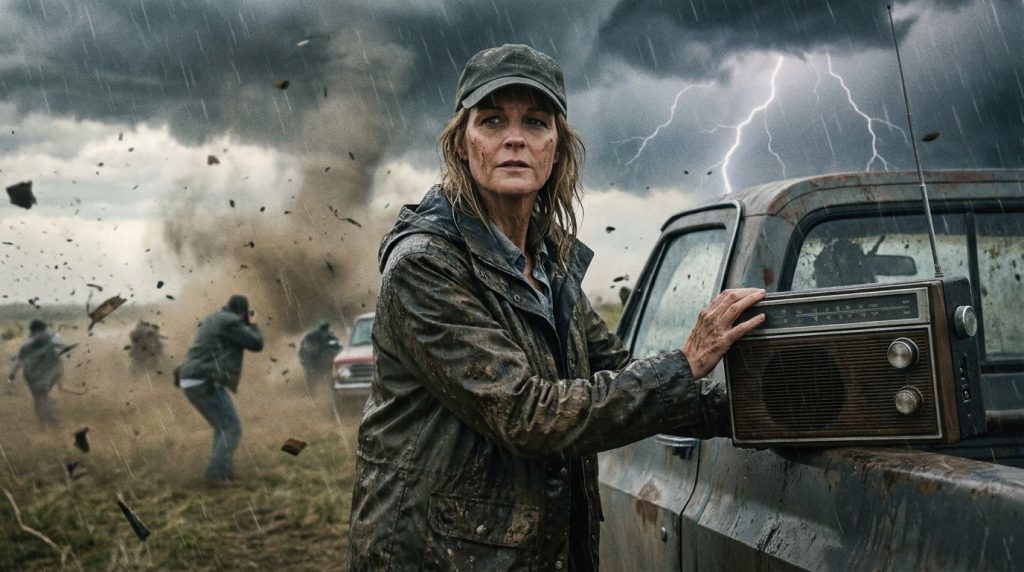 Helen Hunt in a scene from Twister looking intense and determined amidst a stormy dramatic environment perhaps with rain