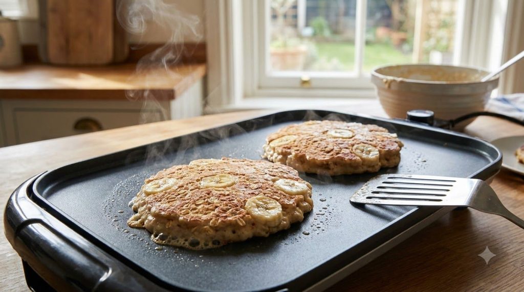 Two golden brown banana oatmeal pancakes cooking on a griddle