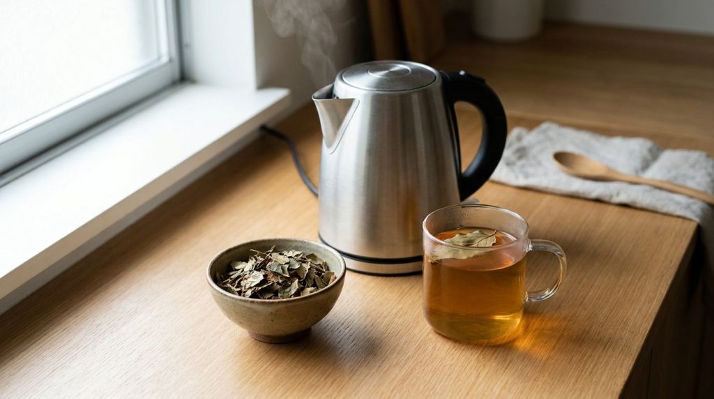 A clean simple kitchen counter with a small bowl of dried chopped persimmon leaves next to a kettle and a mug of freshly