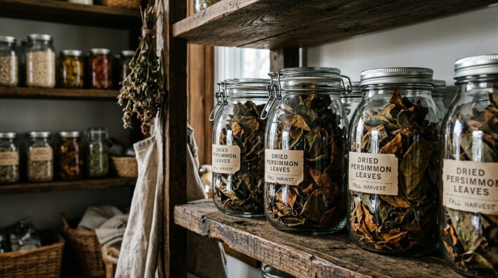 Several glass jars filled with dried neatly labeled persimmon leaves on a wooden shelf in a cool dry pantry