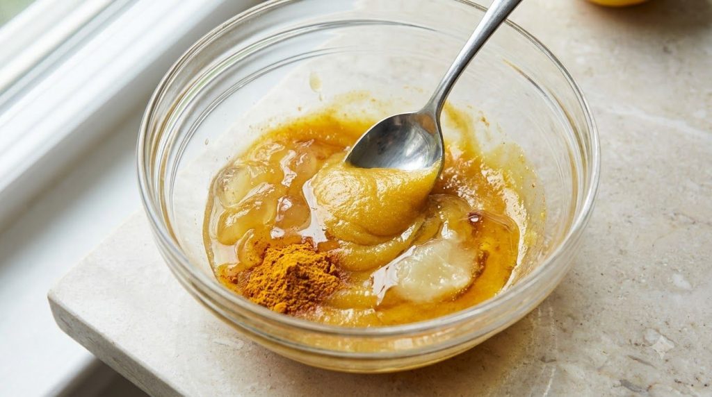 Close-up of the ingredients for the anti-aging mask baby oil Vaseline turmeric lemon honey being mixed in a small bowl t
