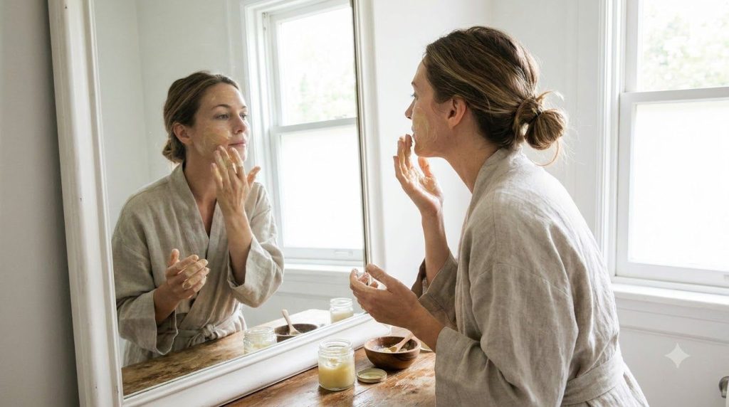 A woman gently applying the homemade anti-aging mask to her face with her fingertips in a well-lit bathroom mirror refle