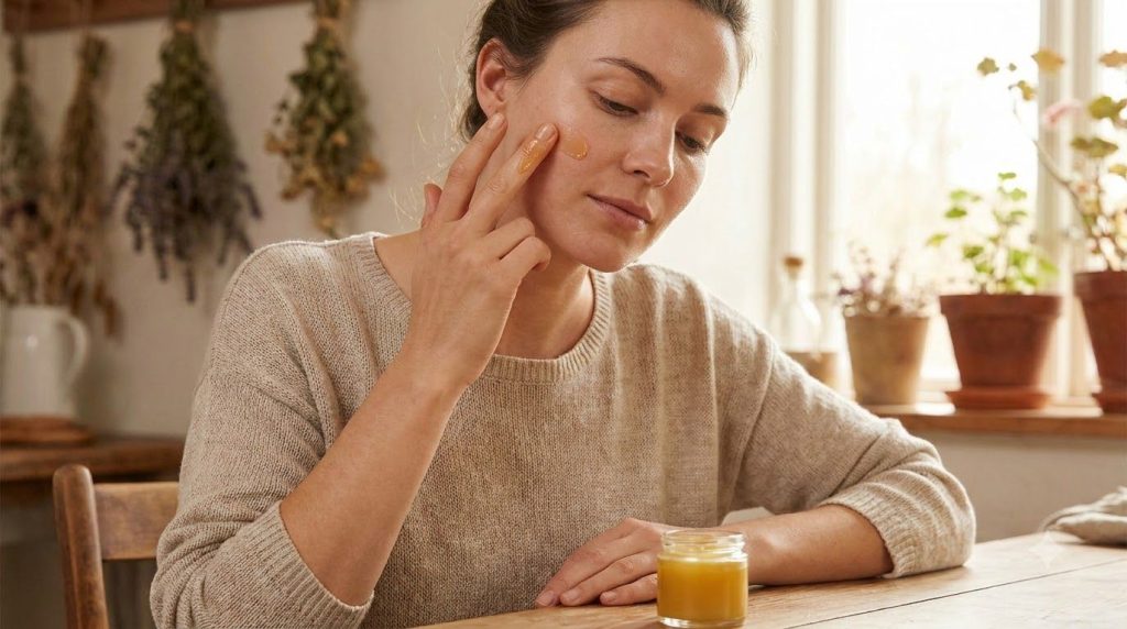 A woman gently applying a small amount of the DIY Collagen Oil balm to her cheekbone with her fingertip showing a smooth