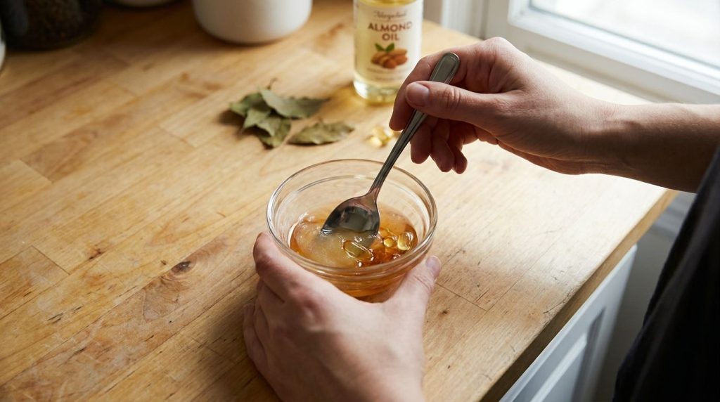Hands mixing Vaseline sweet almond oil and vitamin E oil in a small glass bowl with a spoon on a countertop