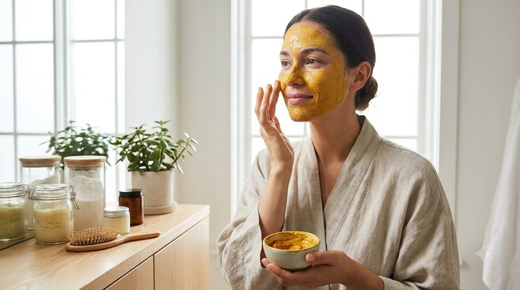 A woman gently applying a yellow turmeric-based face mask to her cheek in a clean bathroom setting