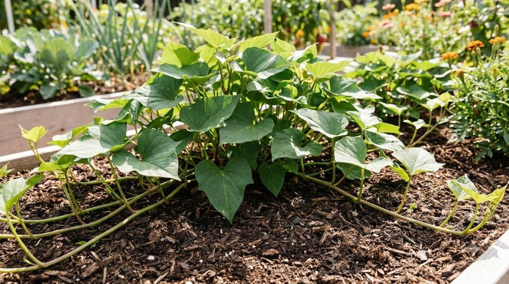A healthy sweet potato plant with long green vines sprawling across a garden bed indicating vigorous growth The sun is s