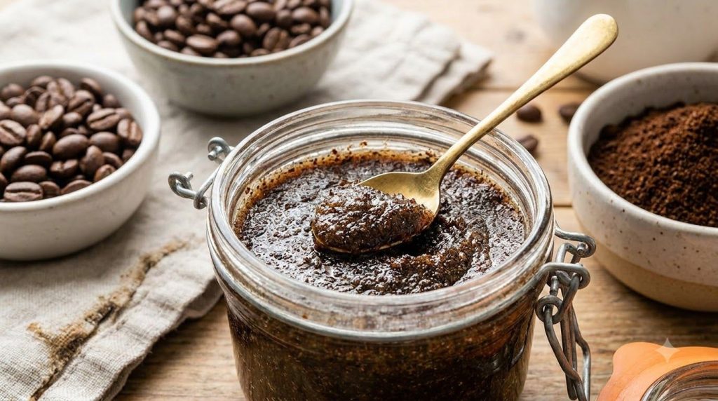 An open jar of dark brown grainy glow jelly made with Vaseline and coffee with a golden spoon scooping some out Bowls of