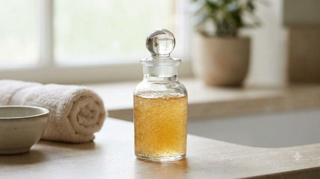 Close-up of a small glass jar filled with the prepared Crystal Glow Jelly showing its golden slightly translucent and cr