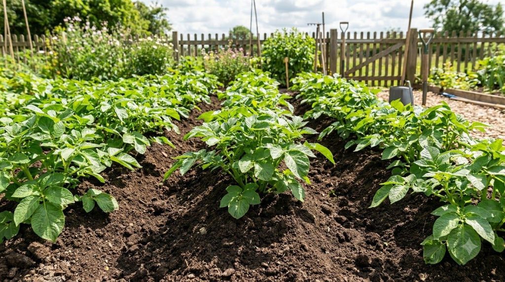 A garden bed with young potato plants hilled up showing healthy green foliage and well-prepared soil
