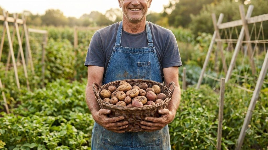 A gardener proudly displaying a basket filled with freshly harvested dirty but healthy potatoes