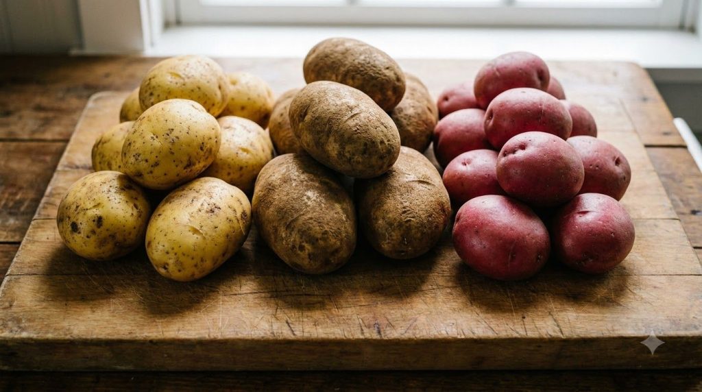 Various types of raw potatoes Yukon Gold Russet Red Bliss on a wooden cutting board