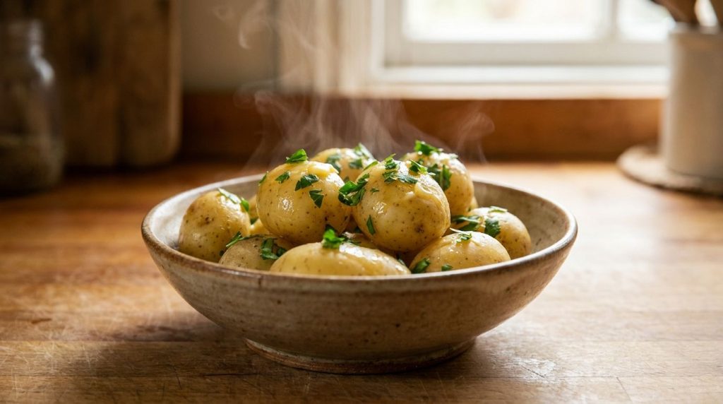 Drained boiled potatoes in a bowl tossed with melted butter and fresh chopped parsley