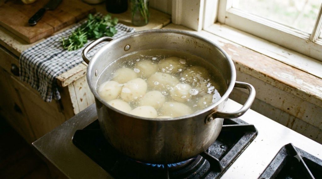 Potatoes boiling gently in a pot of water on a stovetop