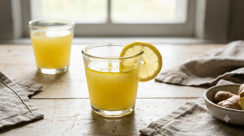 Two small glasses filled with a vibrant yellow ginger and olive oil wellness shot garnished with a thin slice of lemon