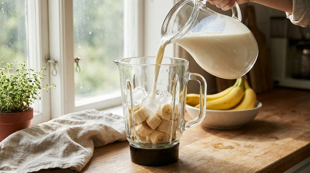 Milk and ice cubes being poured into a blender jar with banana chunks