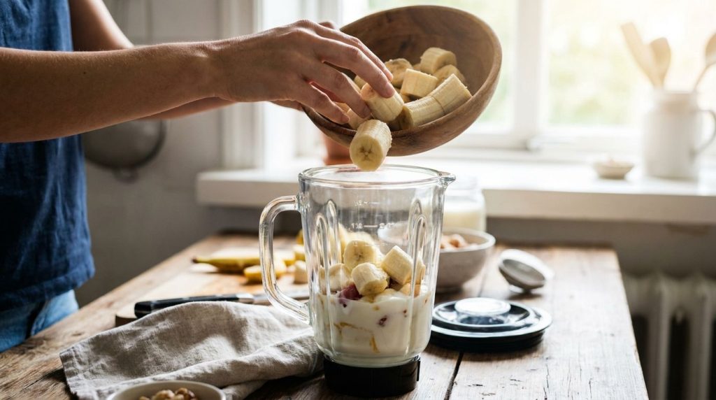 Chunks of peeled ripe banana being placed into a blender jar
