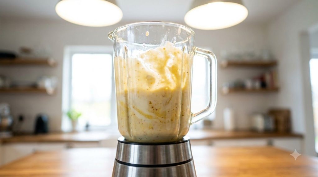 A blender actively blending ingredients showing a swirling creamy banana smoothie inside