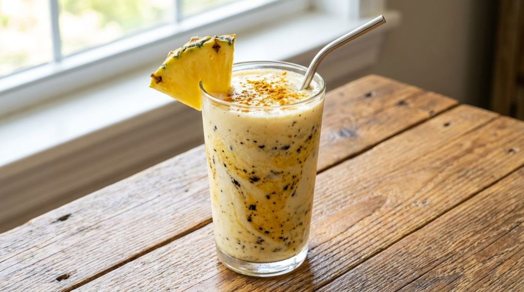 A vibrant creamy Charred Coconut Smoothie served in a clear glass with a straw garnished with a slice of pineapple and a
