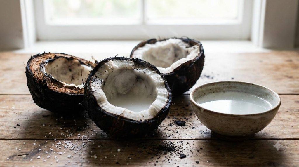 Opened charred coconut halves with the smoky white flesh exposed next to a bowl of extracted coconut water