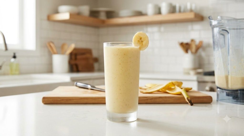 A freshly blended banana smoothie poured into a tall glass garnished with a single banana slice against a clean backgrou