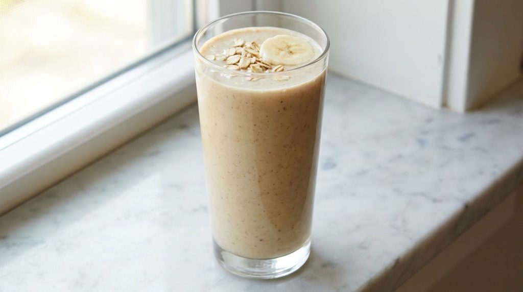 A tall glass filled with a creamy banana oat smoothie garnished with a sprinkle of oats and a thin banana slice on top p