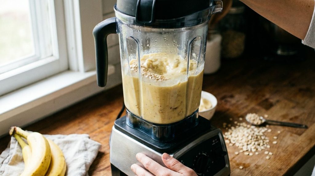 A blender filled with the creamy banana oat smoothie ingredients mid-blend showing a swirling thick light yellow mixture