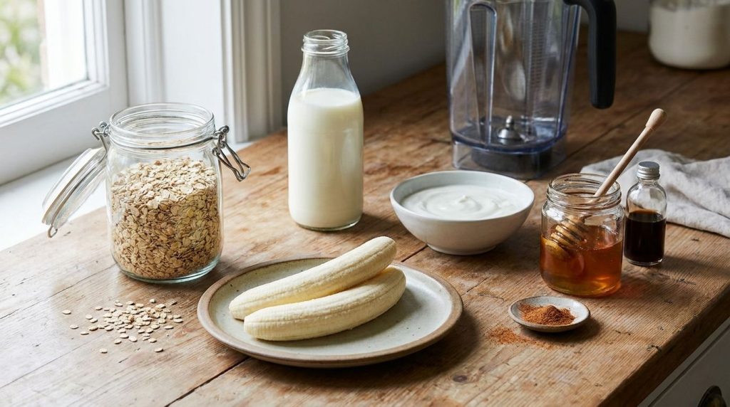 All ingredients for a creamy banana oat smoothie including peeled bananas rolled oats milk yogurt honey vanilla and cinn