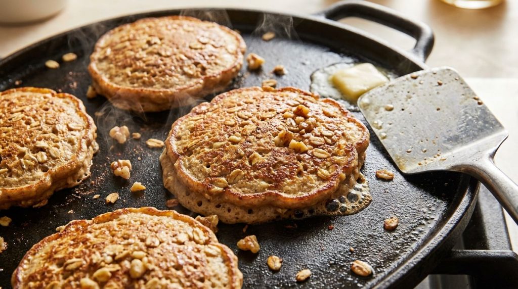 Close-up of golden brown banana oat pancakes cooking on a griddle with visible steam and a spatula nearby