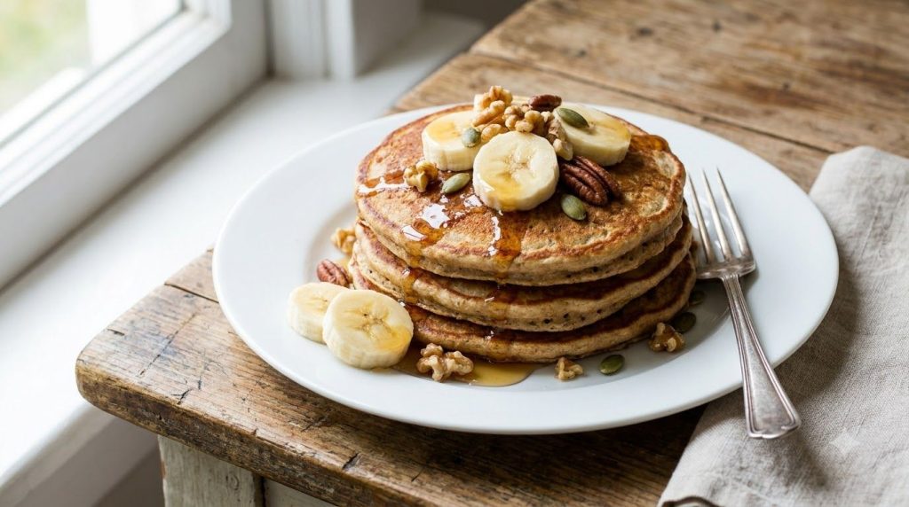 A stack of golden brown banana oat pancakes on a plate topped with sliced bananas a drizzle of maple syrup and a sprinkl