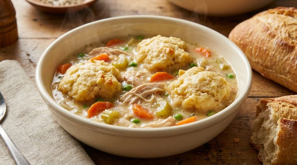 A cozy bowl of slow cooker chicken and dumplings featuring tender shredded chicken mixed vegetables and fluffy white dum