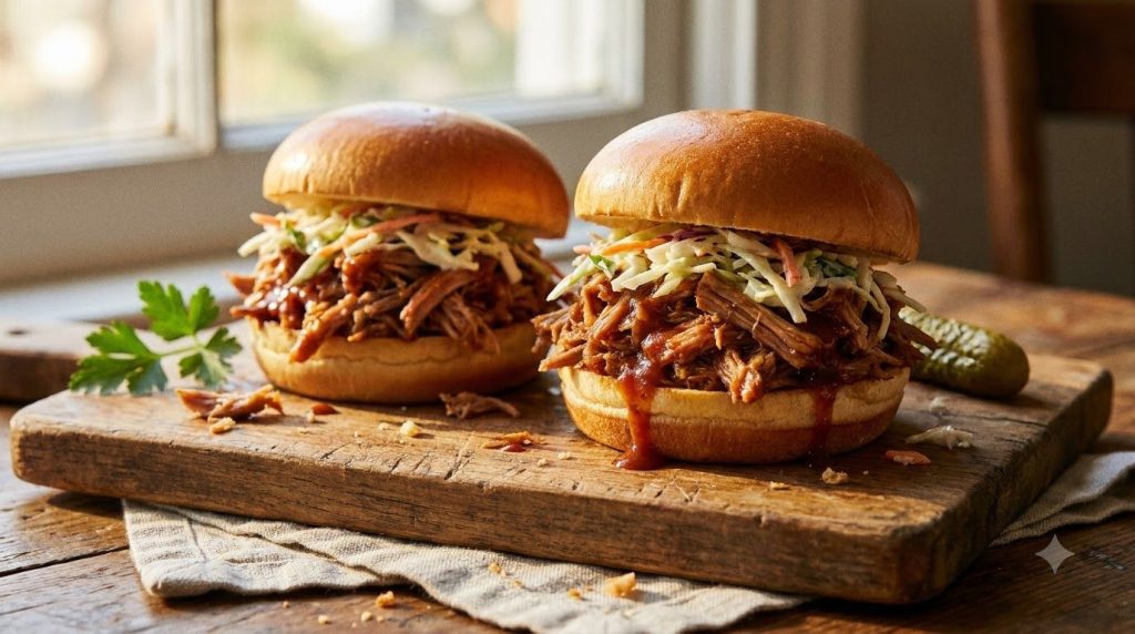 A plate of delicious slow cooker pulled pork sliders piled high with shredded BBQ pork and topped with creamy coleslaw o